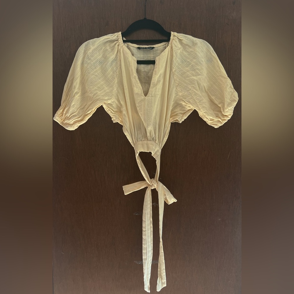 Yellow Boho Eyelet Embroidery Cottagecore Prairie Chic V Neck Tie Back Crop Top